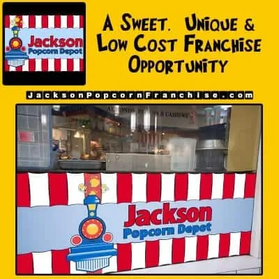 Jackson Popcorn Depot popcorn stand with red and white stripes and logo.