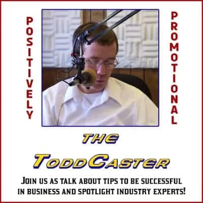 Radio host with microphone and headphones for business podcast.