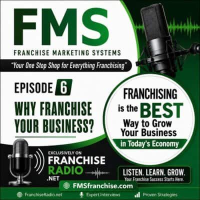 Podcast microphone with franchise marketing graphics for business growth.