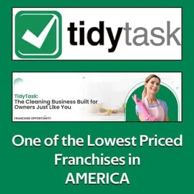 Tidy Task franchise logo with cleaning service promotion and low-cost franchise opportunity.